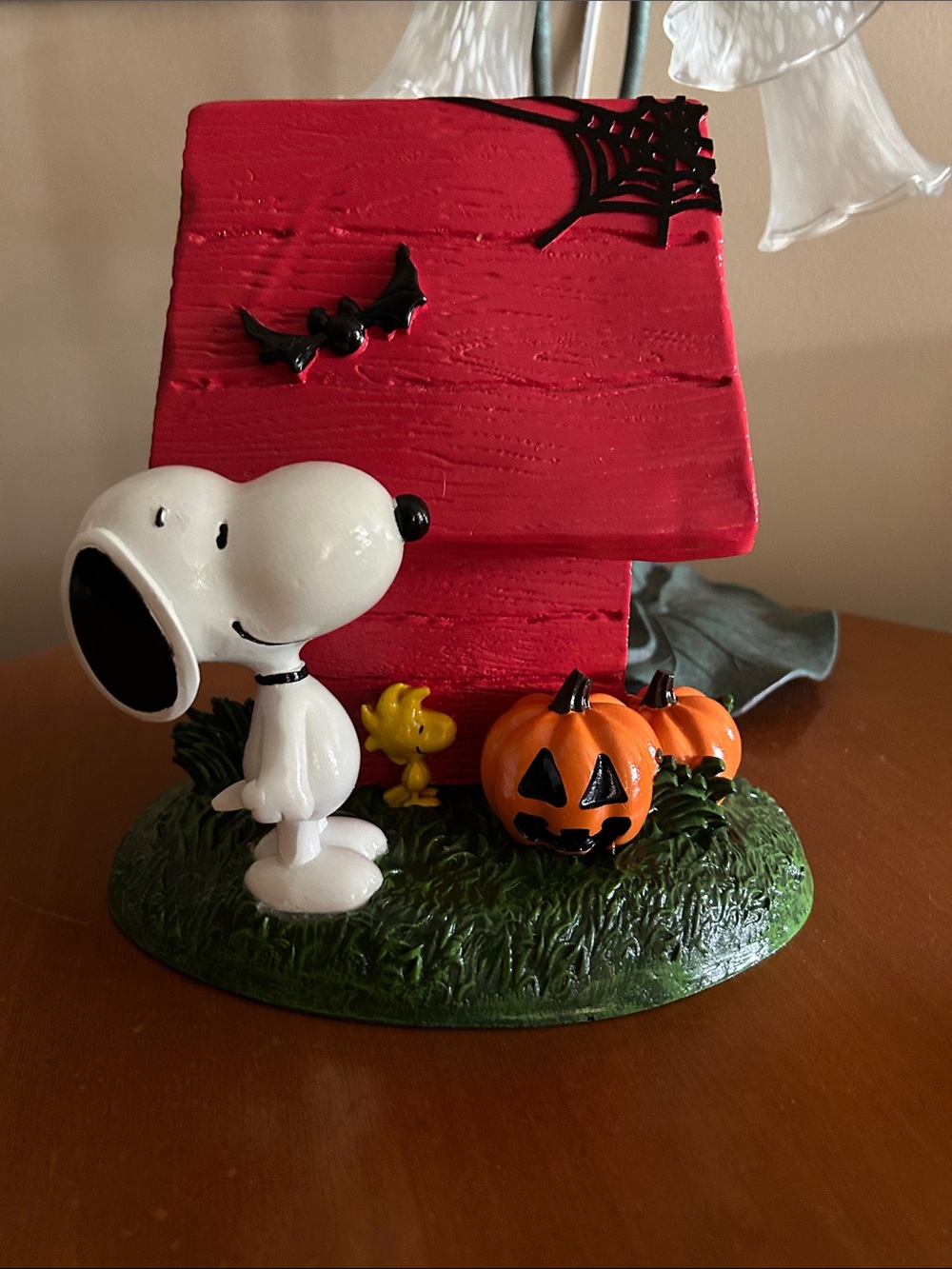 Snoopy Halloween Figurine with Red Doghouse and Orange Pumpkins
